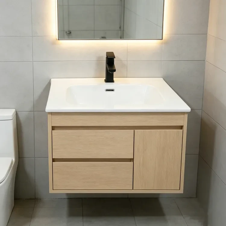Close-up view of thin-edge rectangular ceramic vessel sink with self-cleaning glaze and integrated overflow