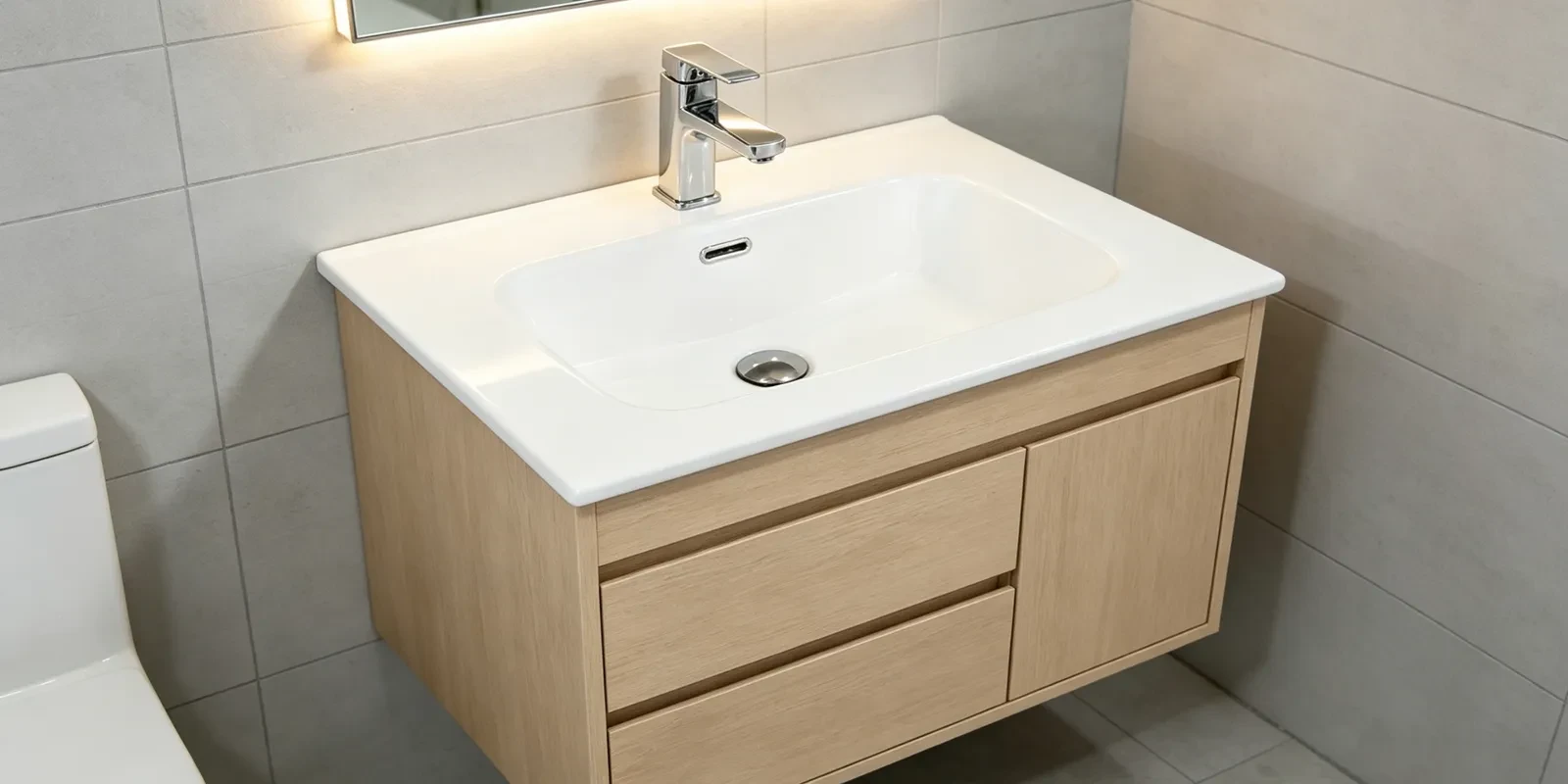 Modern hotel bathroom featuring rectangular thin-edge ceramic vessel sink with overflow