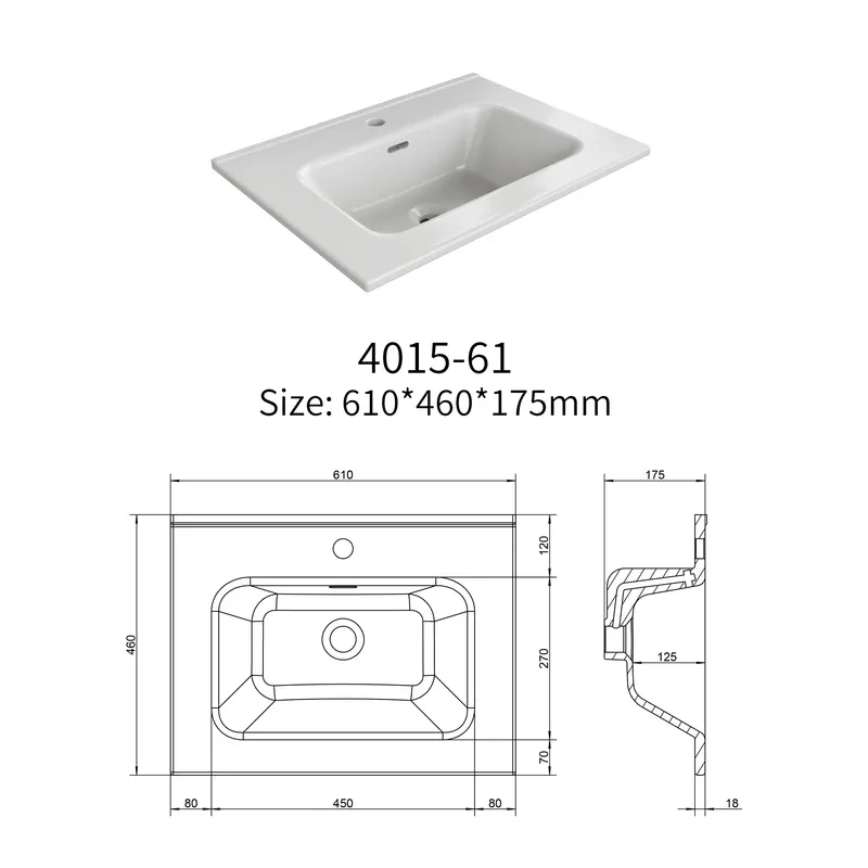 Engineering drawing of rectangular thin-edge ceramic vessel sink model 4015-61 showing dimensions and integrated overflow