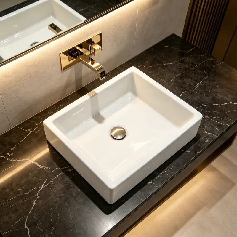 Modern bathroom featuring a compact rectangular ceramic vessel basin for hospitality and residential applications