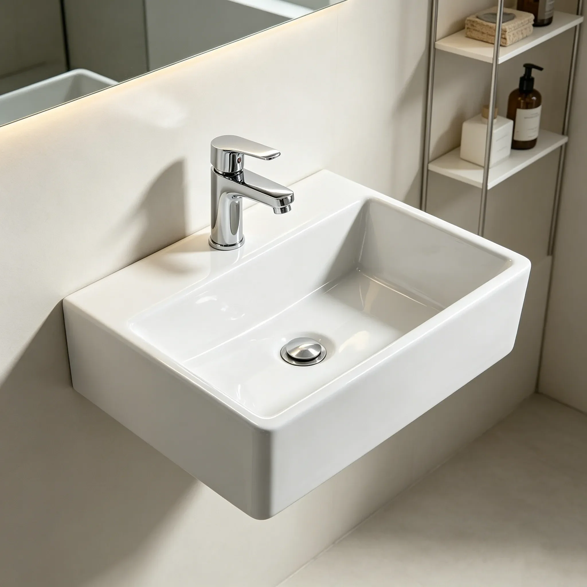 Modern small bathroom featuring a rectangular wall-mounted ceramic basin for hotel and apartment projects