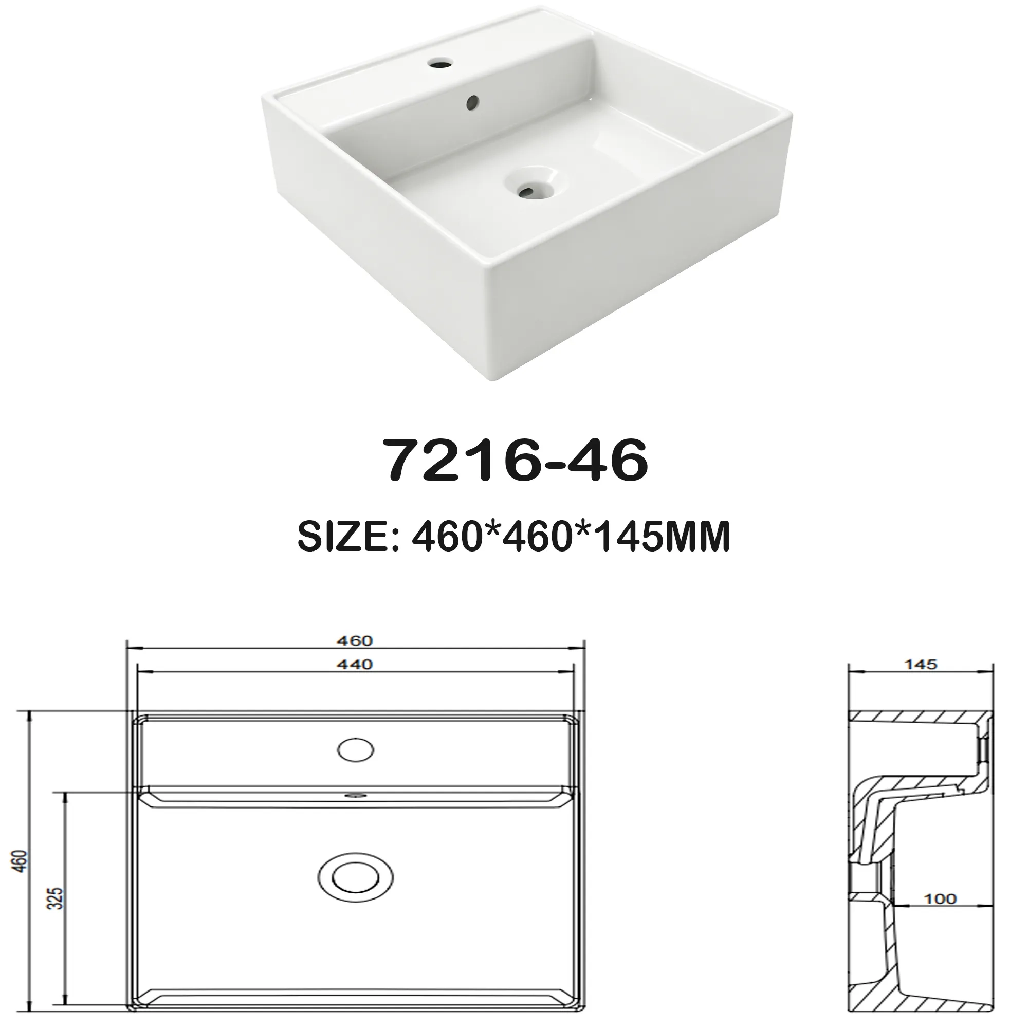Engineering drawing of rectangular ceramic countertop basin model 7216-46 showing dimensions installation details and overflow configuration