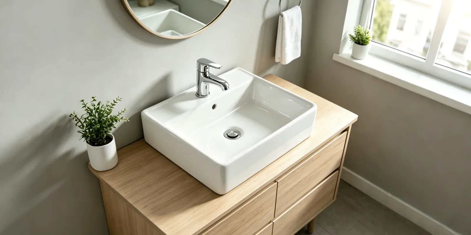 Modern bathroom featuring a rectangular ceramic countertop basin with overflow for hospitality and residential applications
