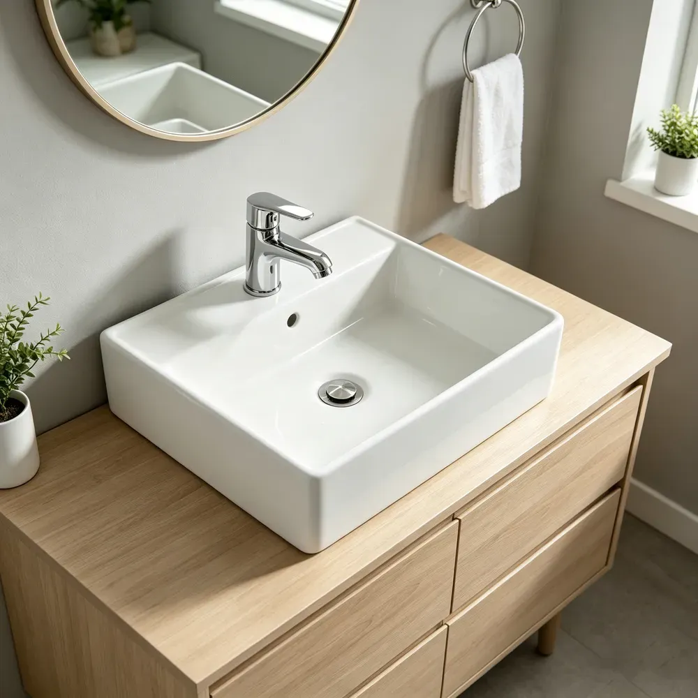 Modern bathroom featuring a rectangular ceramic countertop basin with overflow for hospitality and residential applications