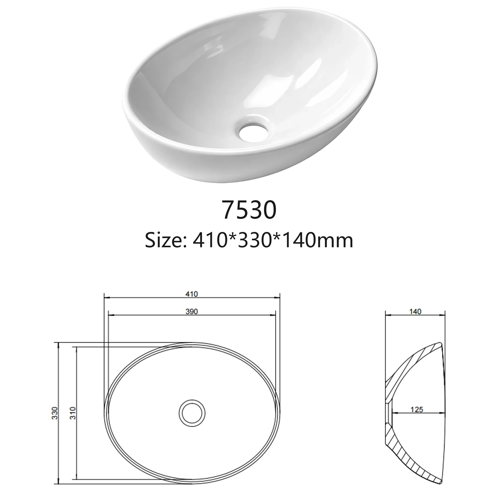 Engineering drawing of JETMAN oval ceramic countertop basin model 7530 showing dimensions and installation details