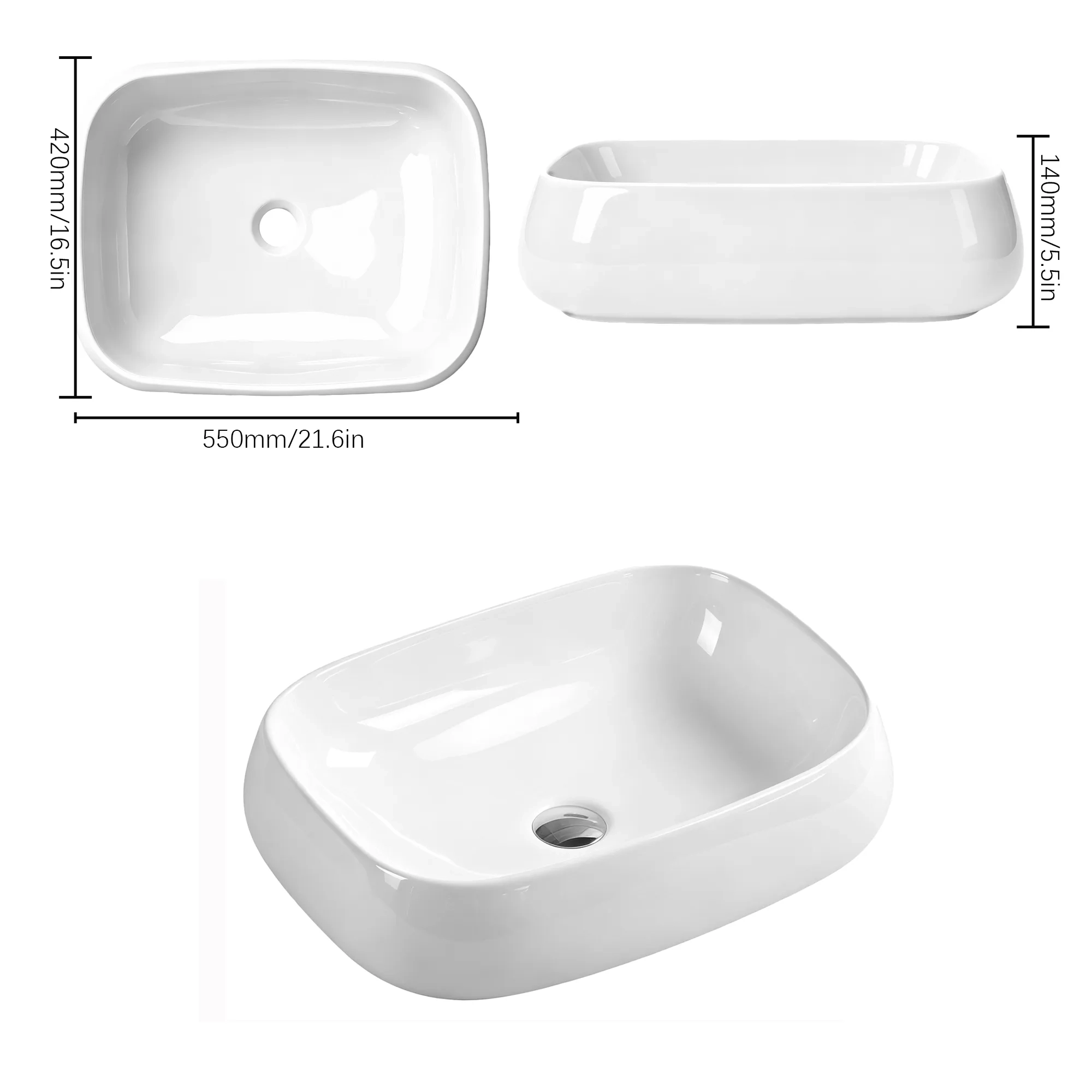 Close-up view of glossy self-cleaning ceramic glaze on JETMAN rectangular countertop basin