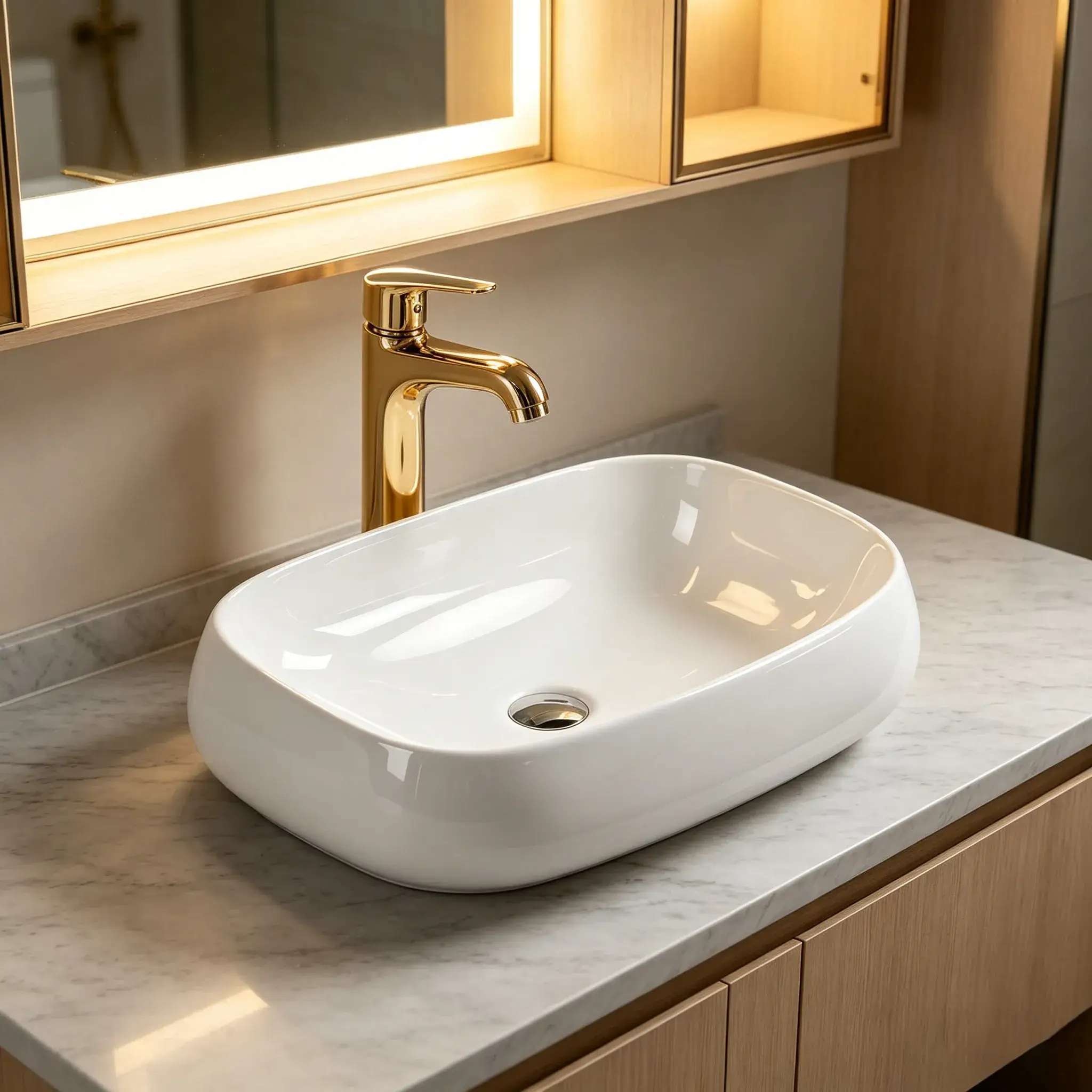 Modern bathroom featuring a rectangular countertop ceramic basin for hospitality and residential applications