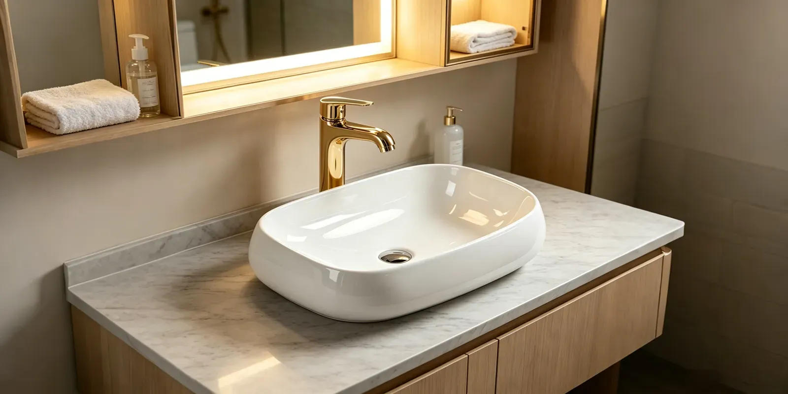 Modern bathroom featuring a rectangular countertop ceramic basin for hospitality and residential applications