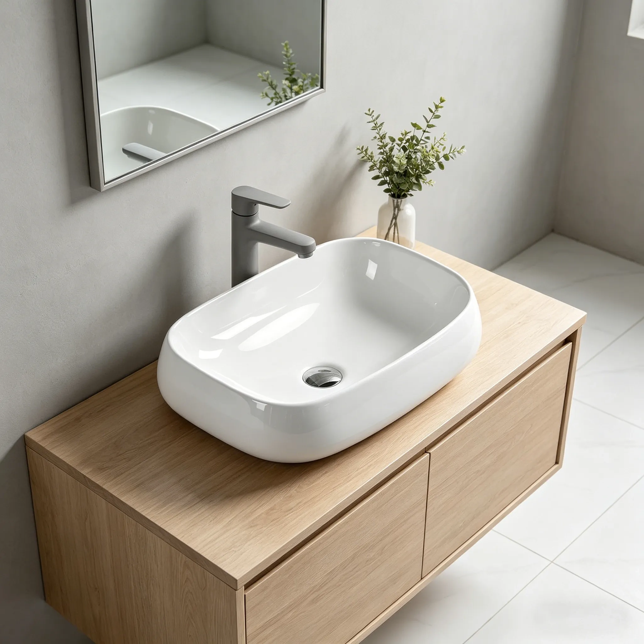 JETMAN Rectangular Countertop Basin technical blueprint and installation image