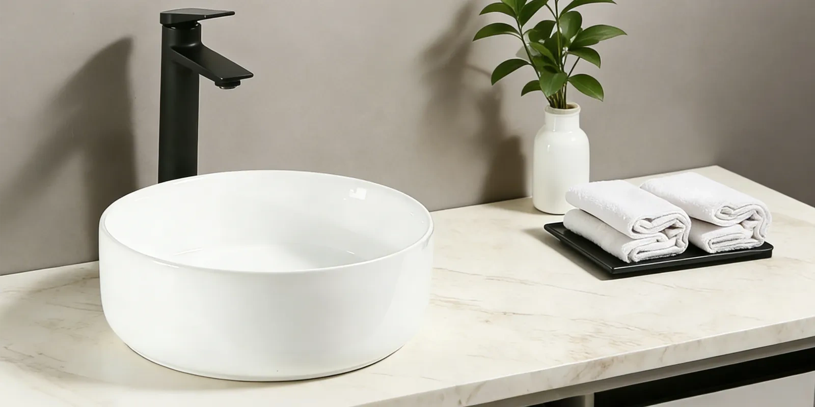 Modern bathroom featuring a round ceramic vessel basin for hospitality and residential applications