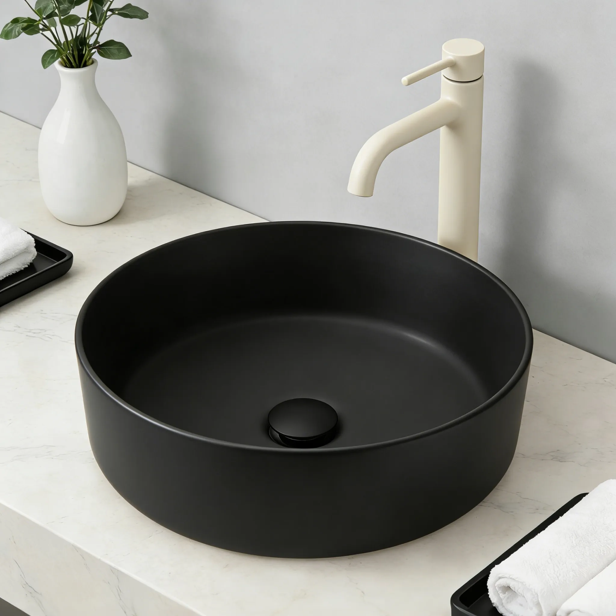 Modern bathroom featuring a round ceramic vessel basin for hospitality and residential applications