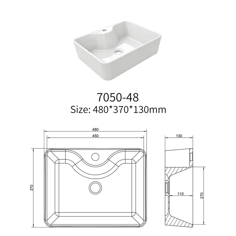 Engineering drawing of rectangular ceramic vessel basin model 7050 showing dimensions and installation details