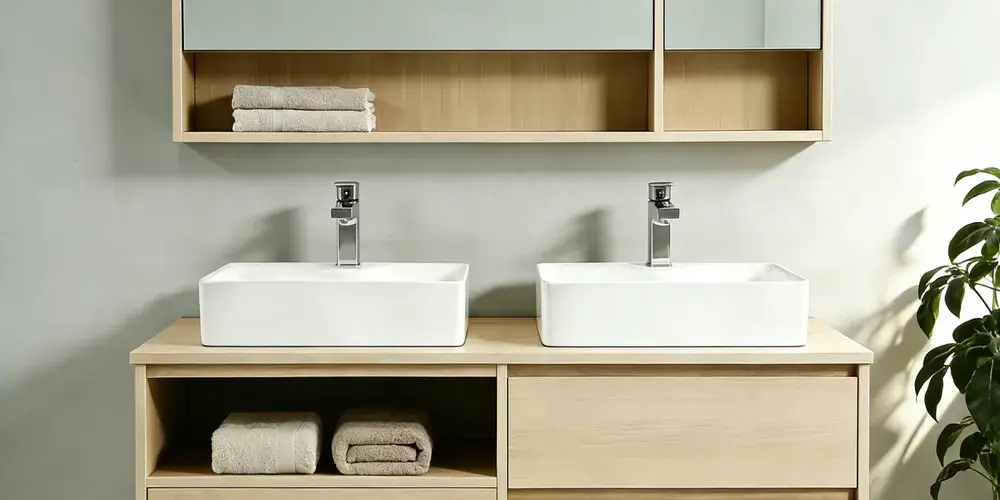 Modern bathroom featuring a rectangular ceramic vessel basin for hospitality and residential applications