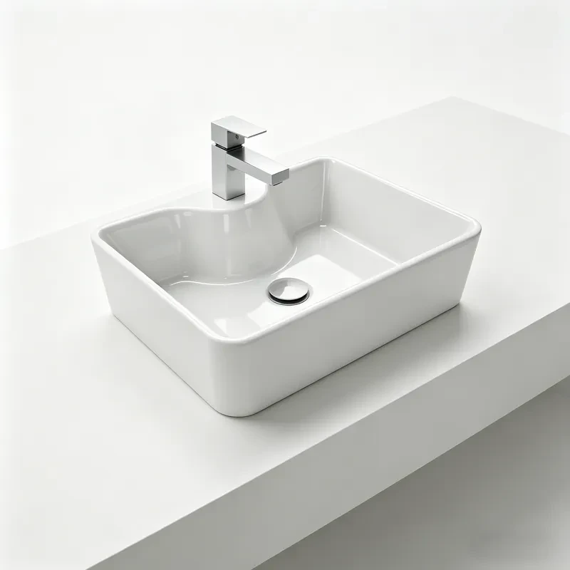 Close-up view of seamless ceramic construction and glossy self-cleaning glaze on a rectangular vessel basin