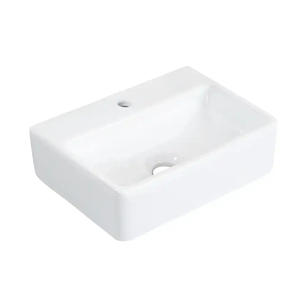 Rounded corner rectangular ceramic vessel basin with glossy white finish for hotel apartment and commercial bathroom projects