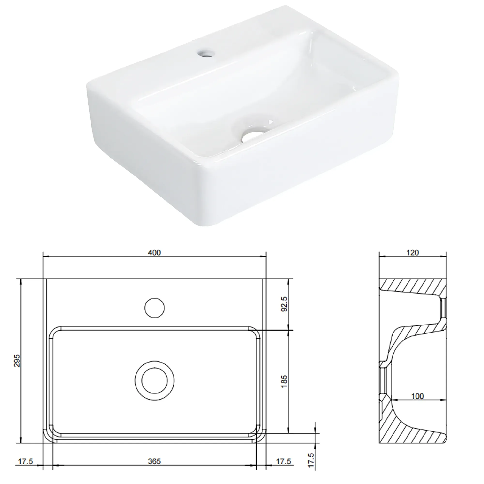 Engineering drawing of rounded-corner rectangular ceramic vessel basin model 7082 showing dimensions and installation details