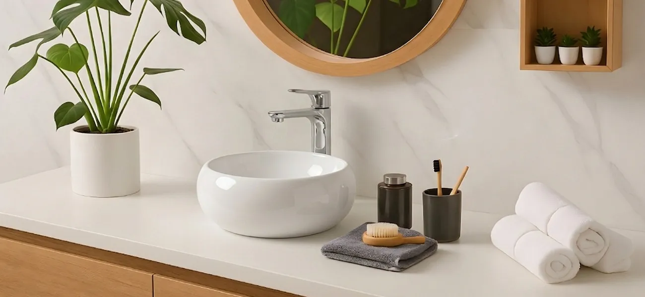 Modern bathroom featuring a round ceramic countertop basin for hotel and residential applications