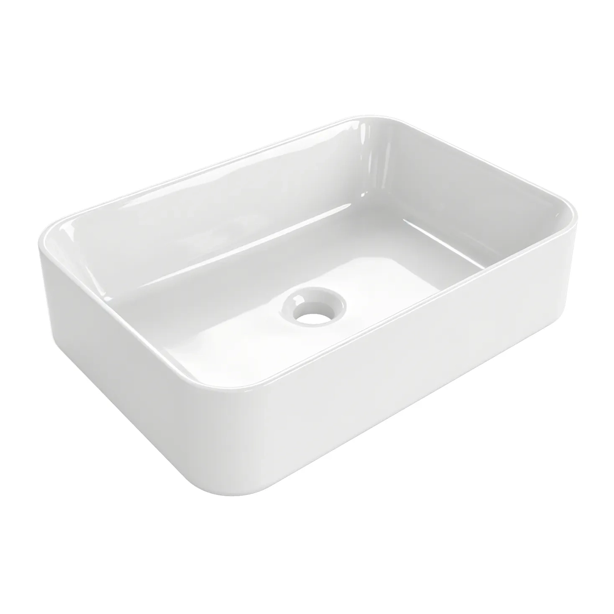 Rectangular thin-edge ceramic vessel sink with integrated overflow for hotel, apartment, and commercial bathroom projects