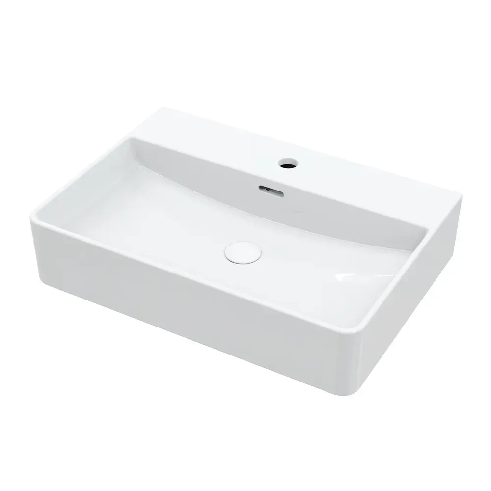 Rectangular ceramic countertop basin with glossy white finish for hotel apartment and commercial bathroom projects