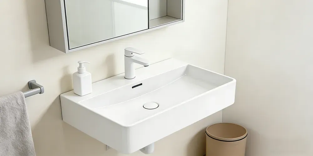Modern bathroom featuring a rectangular ceramic countertop basin for hospitality and residential applications