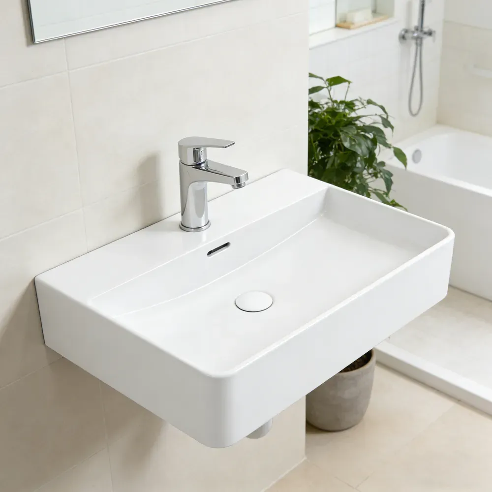 Modern bathroom featuring a rectangular ceramic countertop basin for hospitality and residential applications