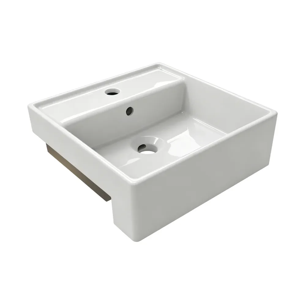 Semi recessed ceramic basin with glossy white finish and integrated overflow for hotel apartment and commercial bathroom projects