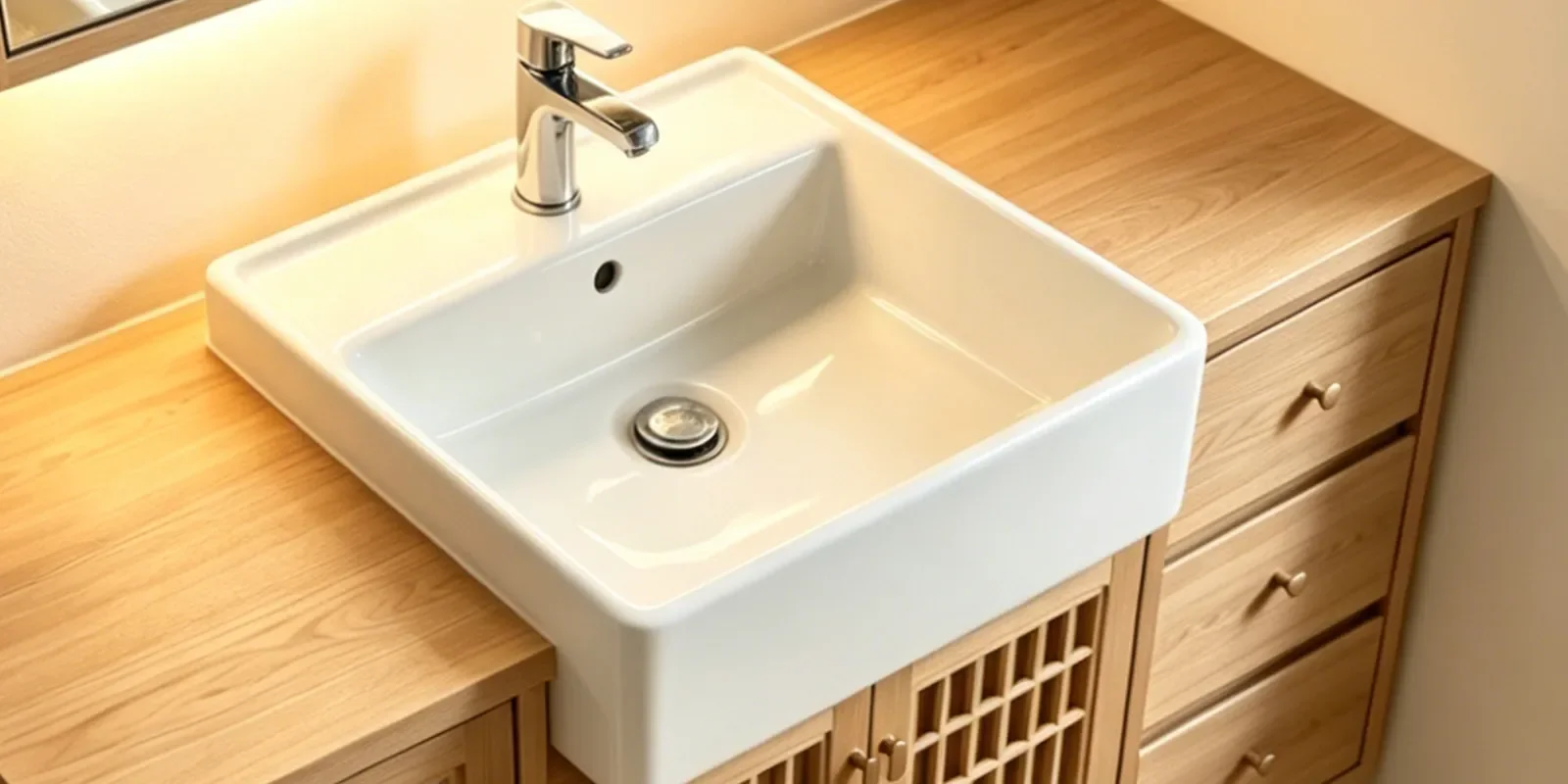 Modern bathroom featuring a semi recessed ceramic basin for hospitality and residential applications