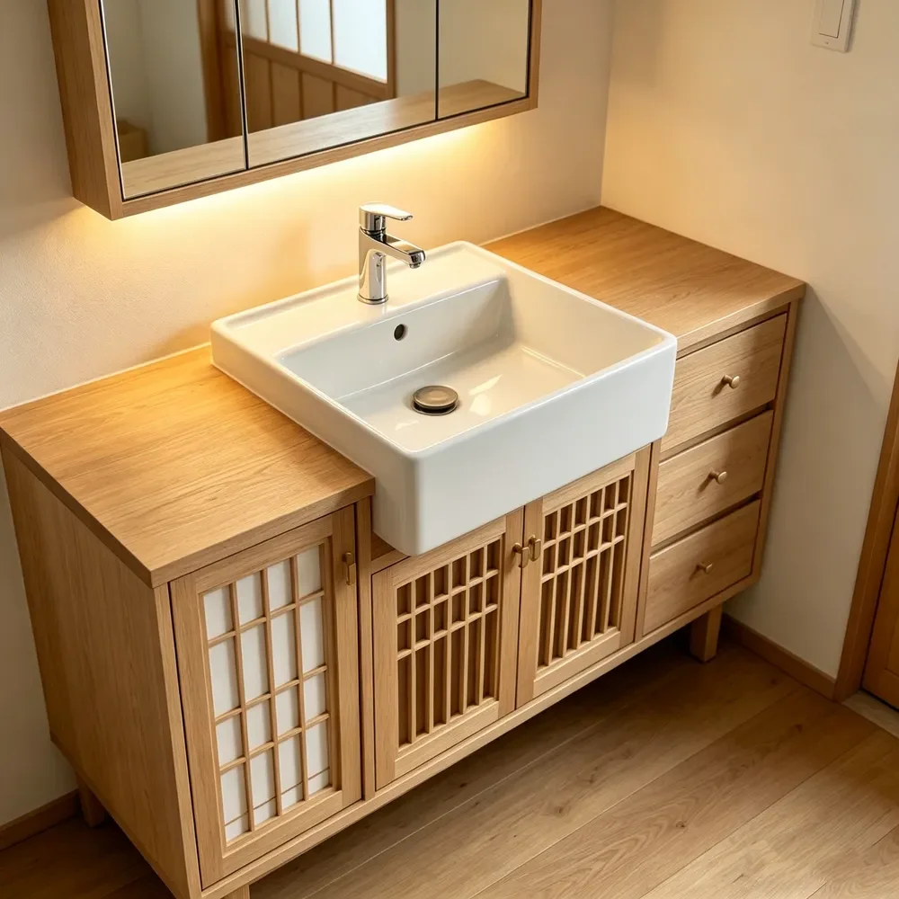Close-up view of glossy self-cleaning ceramic glaze on a semi recessed bathroom basin