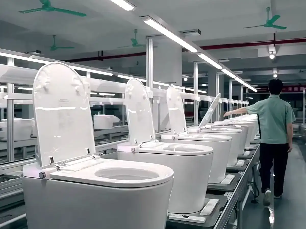 Strict water and electrical functional testing line for JETMAN smart toilets ensuring CE and global compliance.