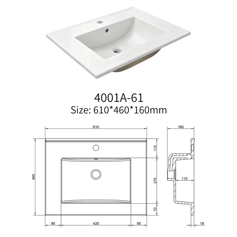 Engineering drawing of JETMAN 4001A-61 rectangular ceramic vanity basin showing dimensions installation details and overflow system