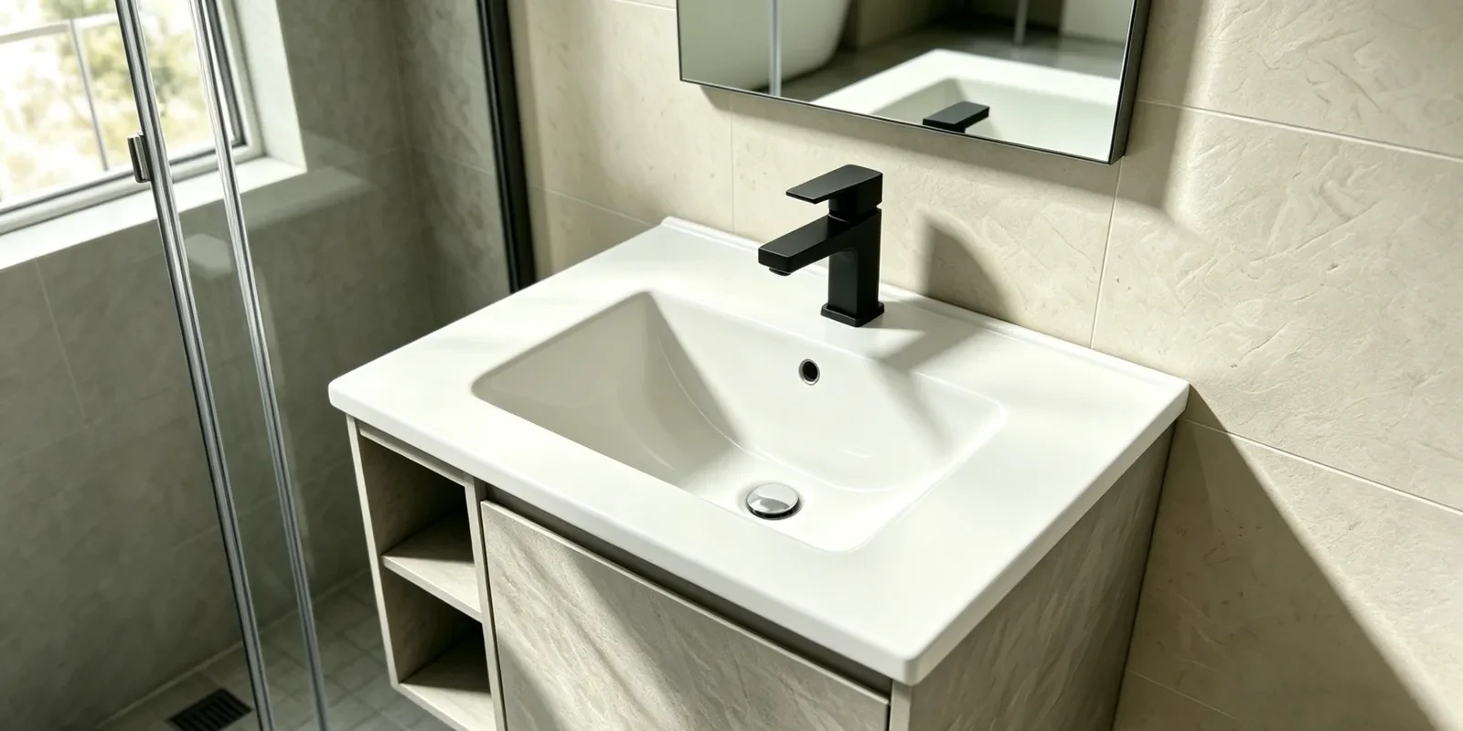 Modern hotel bathroom featuring a rectangular thin-edge ceramic vanity basin with overflow
