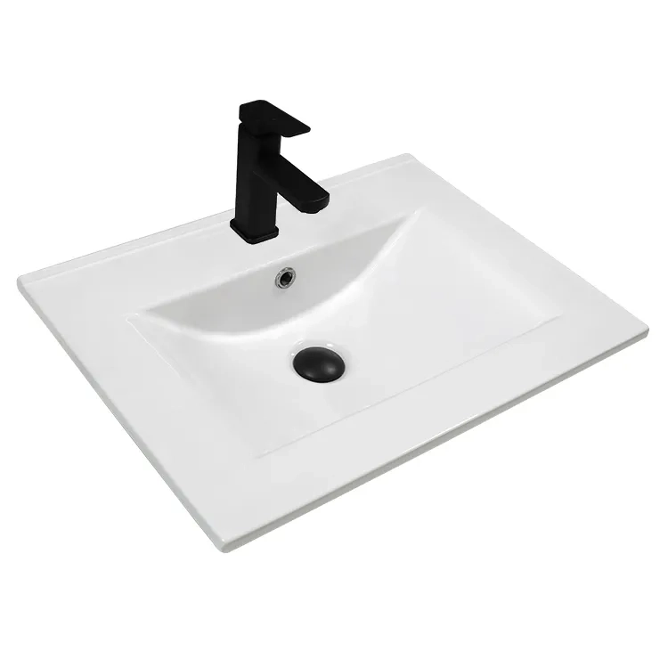 Rectangular thin-edge ceramic vanity basin with integrated overflow for hotel apartment and commercial bathroom projects
