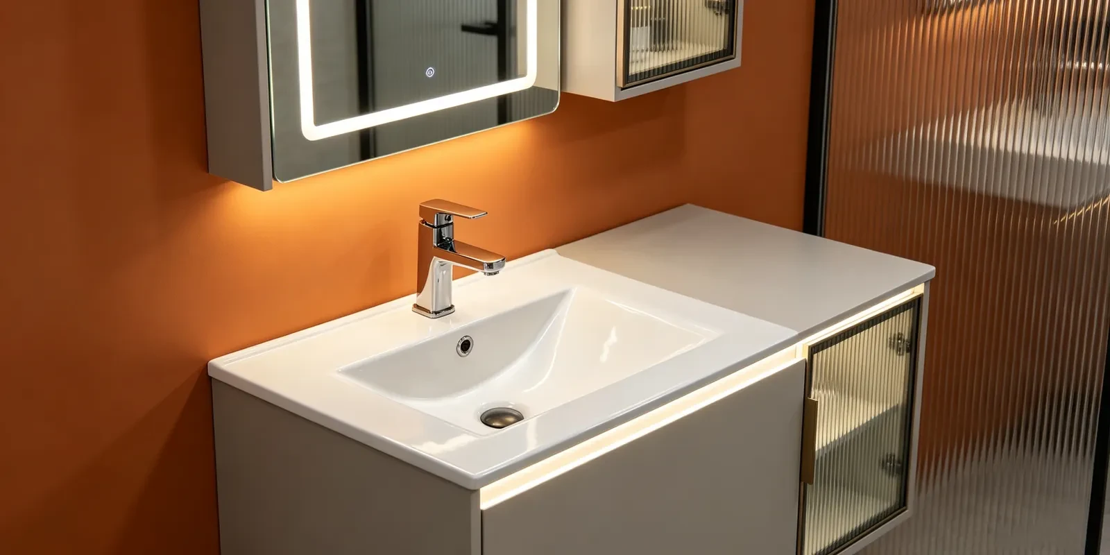 Modern hotel bathroom featuring a rectangular thin-edge ceramic vanity basin with overflow