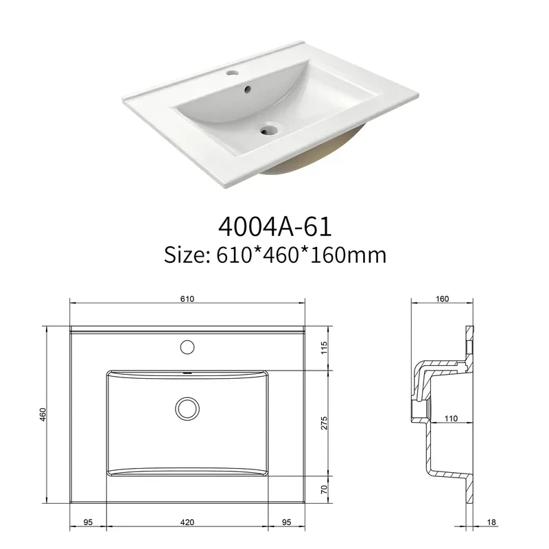 Engineering drawing of rectangular thin-edge ceramic vanity basin model 4004A-61 showing dimensions and overflow configuration