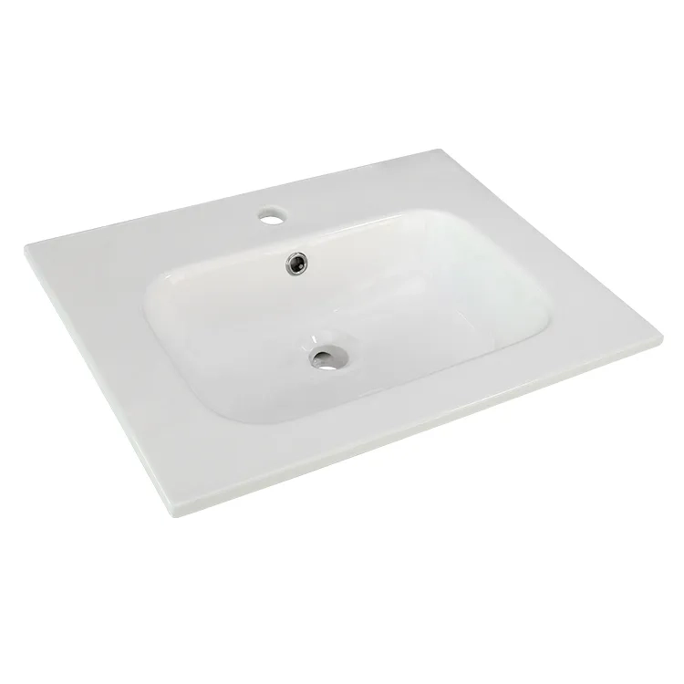Rectangular thin-edge ceramic vessel sink with integrated overflow for hotel, apartment and commercial bathrooms