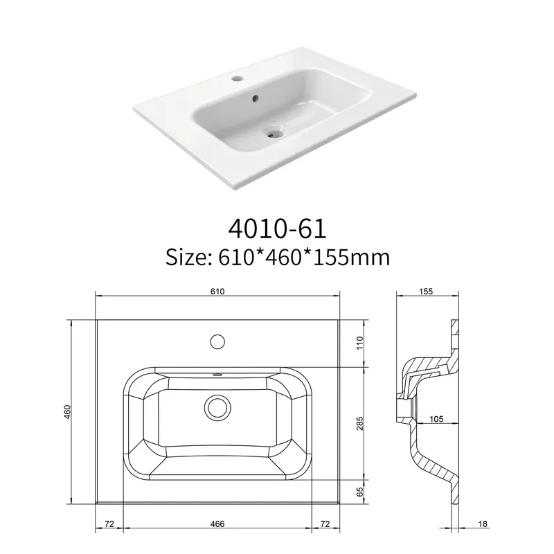 Engineering drawing of JETMAN 4010-61 rectangular ceramic vessel sink showing dimensions, installation and overflow system
