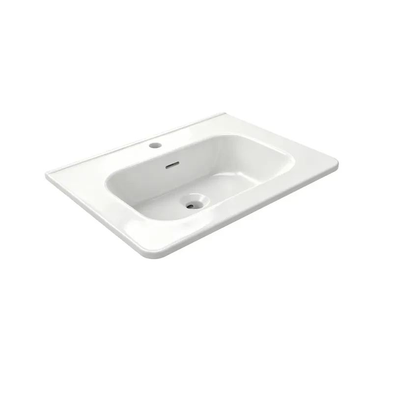 Rectangular thin-edge ceramic vanity basin with integrated overflow and rounded corners for hotel apartment and commercial bathroom projects