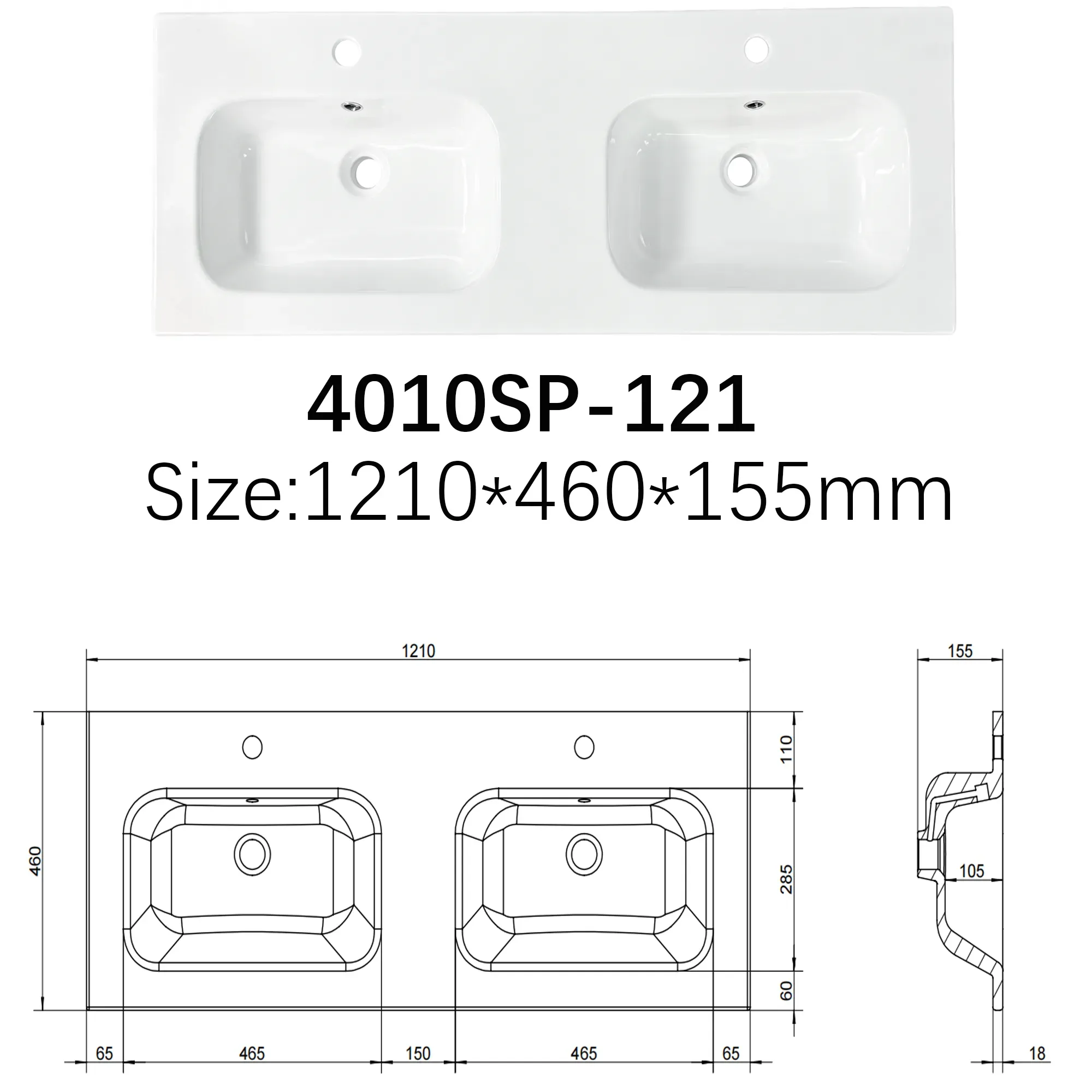 Engineering drawing showing dimensions and installation details of JETMAN double bowl vanity basin model 4010SP-121