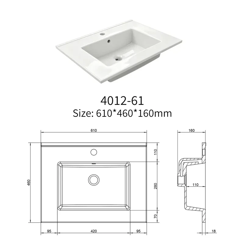 Engineering drawing of rectangular thin-edge ceramic vessel sink model 4012-61 showing installation and overflow details