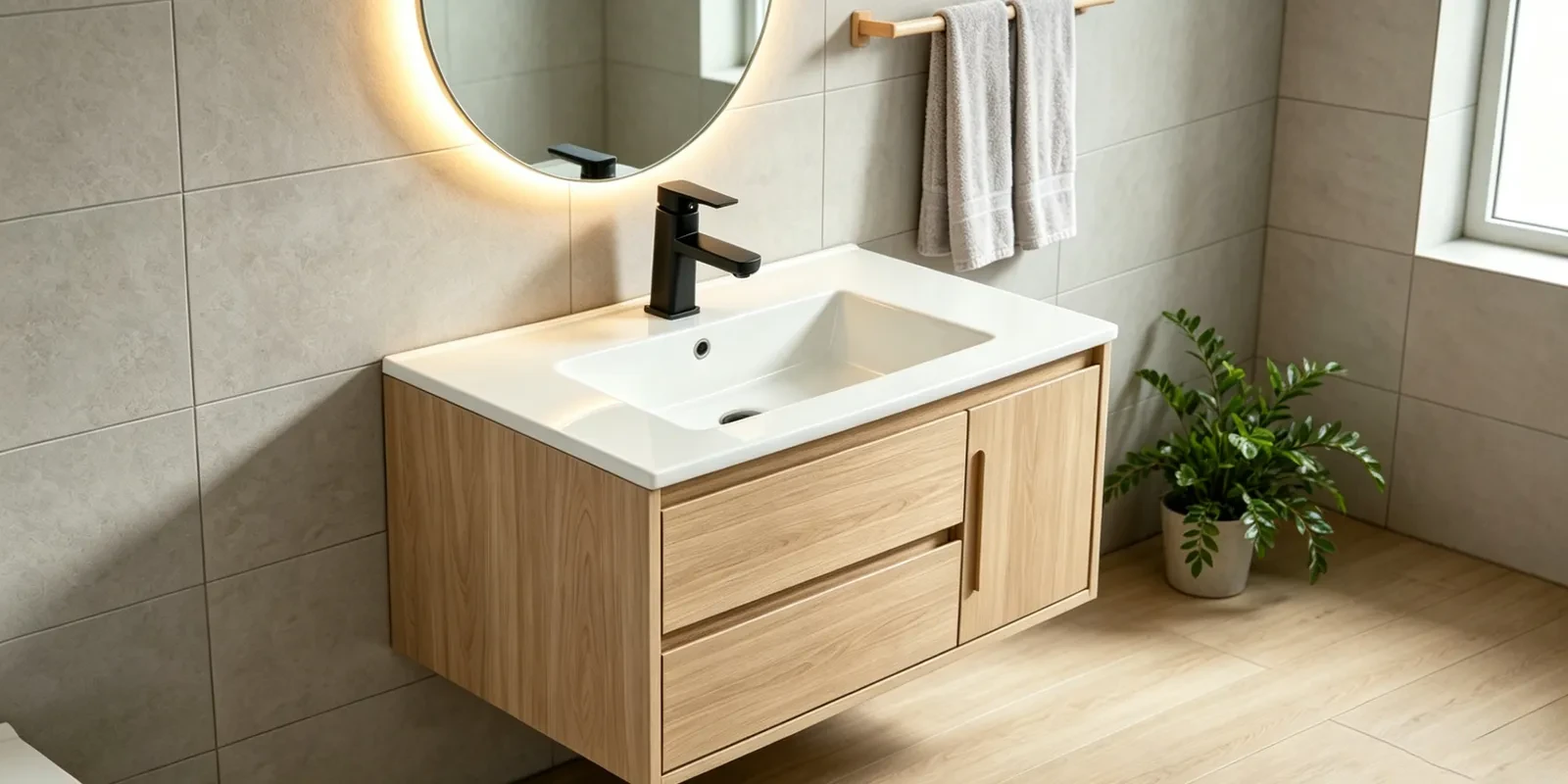 Hotel bathroom featuring rectangular thin-edge ceramic vessel sink with overflow and square-corner design
