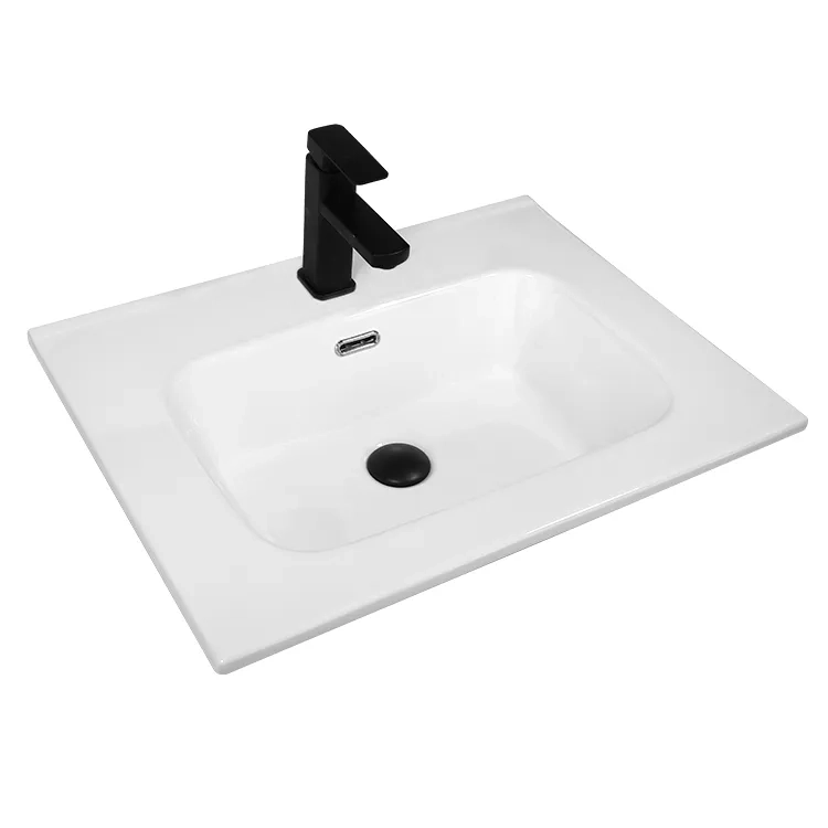 Rectangular thin-edge ceramic vessel sink with integrated overflow for hotel, apartment and commercial bathroom projects