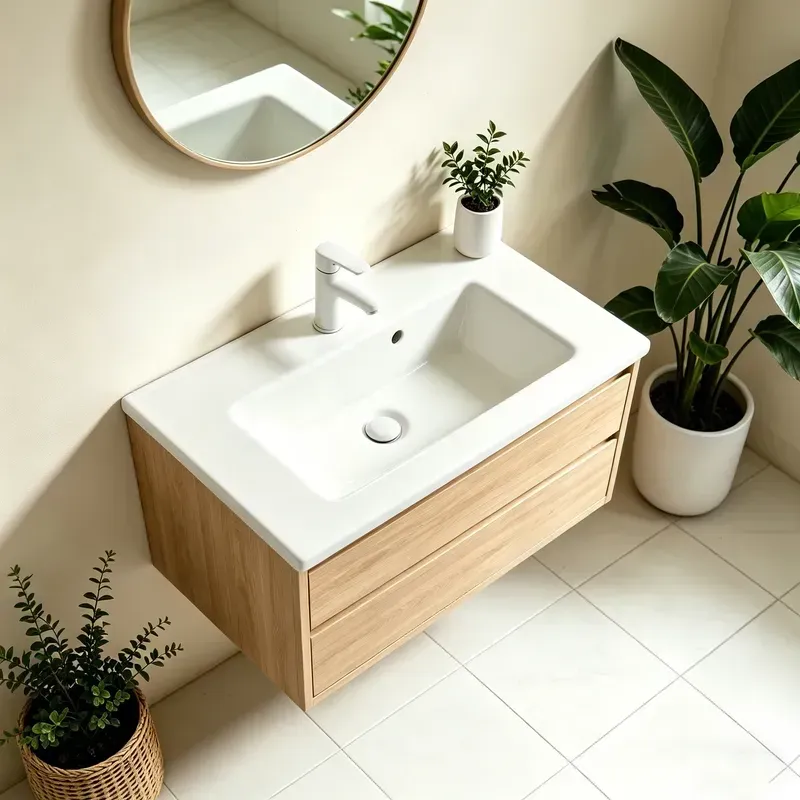 Close-up view of square-corner thick-edge ceramic vanity basin with self-cleaning glossy glaze