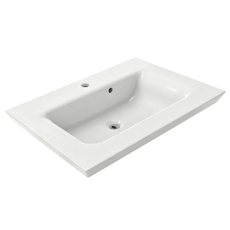 Rectangular ceramic vanity basin with integrated overflow and thick-edge design for hotel apartment and commercial bathroom projects
