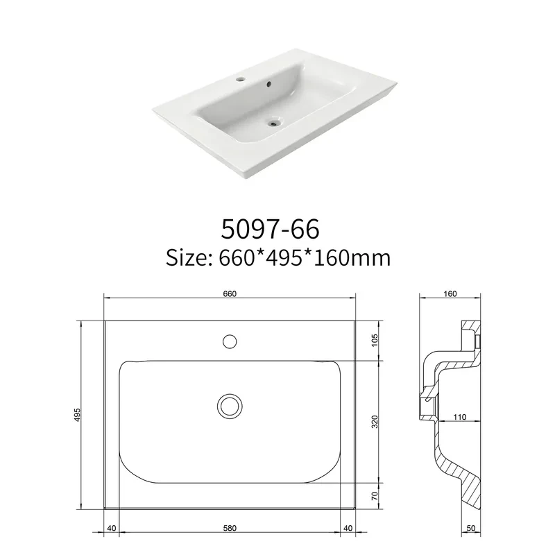 Engineering drawing of rectangular ceramic vanity basin model 5097 showing dimensions installation details and overflow configuration