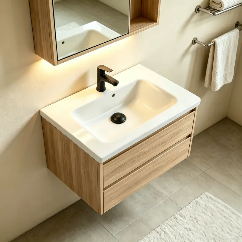 Modern hotel bathroom featuring a rectangular ceramic vanity basin with overflow and square-corner design