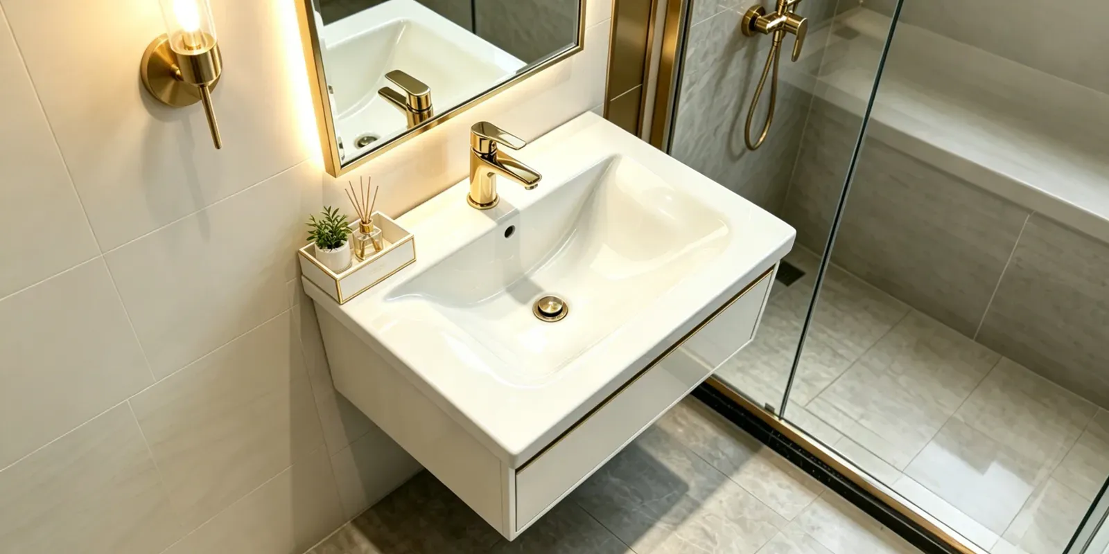 Modern bathroom featuring a rectangular ceramic vanity basin with overflow for hospitality and residential applications