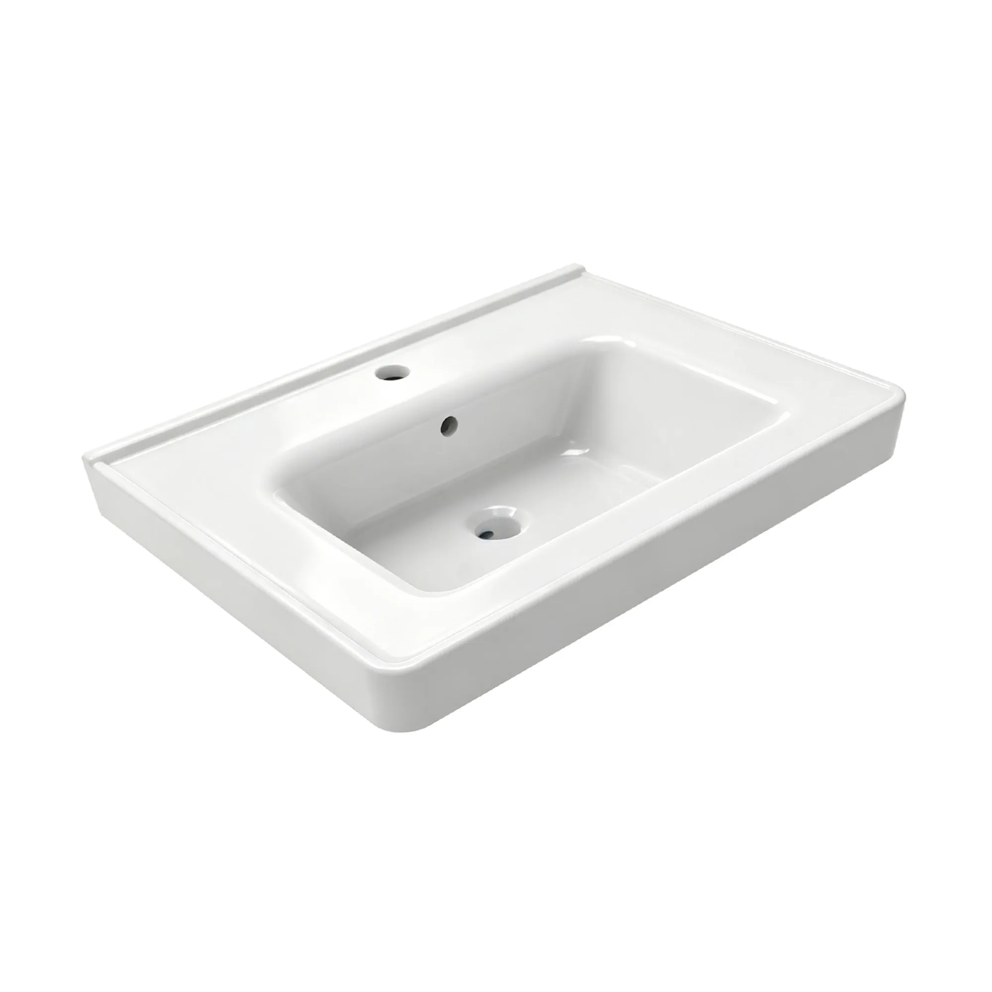 Rectangular round-corner ceramic vanity basin with integrated overflow and thick-edge design for hotel apartment and commercial bathroom projects