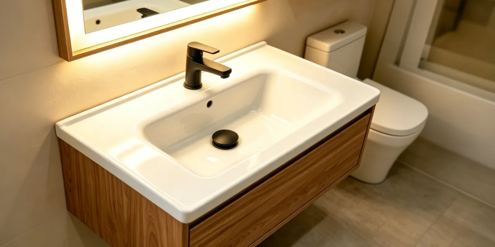 Modern bathroom featuring a rectangular round-corner ceramic vanity basin with overflow for hospitality and residential applications