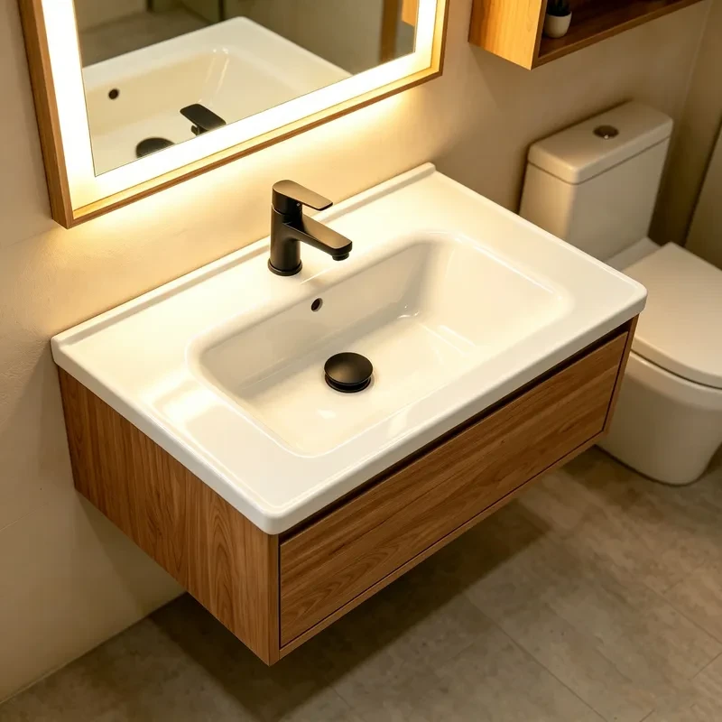 Modern bathroom featuring a rectangular round-corner ceramic vanity basin with overflow for hospitality and residential applications