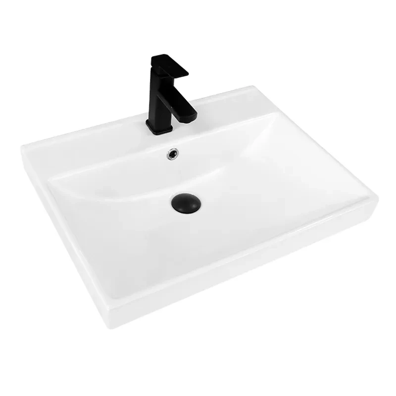 Rectangular thin-edge ceramic vanity basin with integrated overflow and square-corner design for hotel apartment and commercial bathroom projects